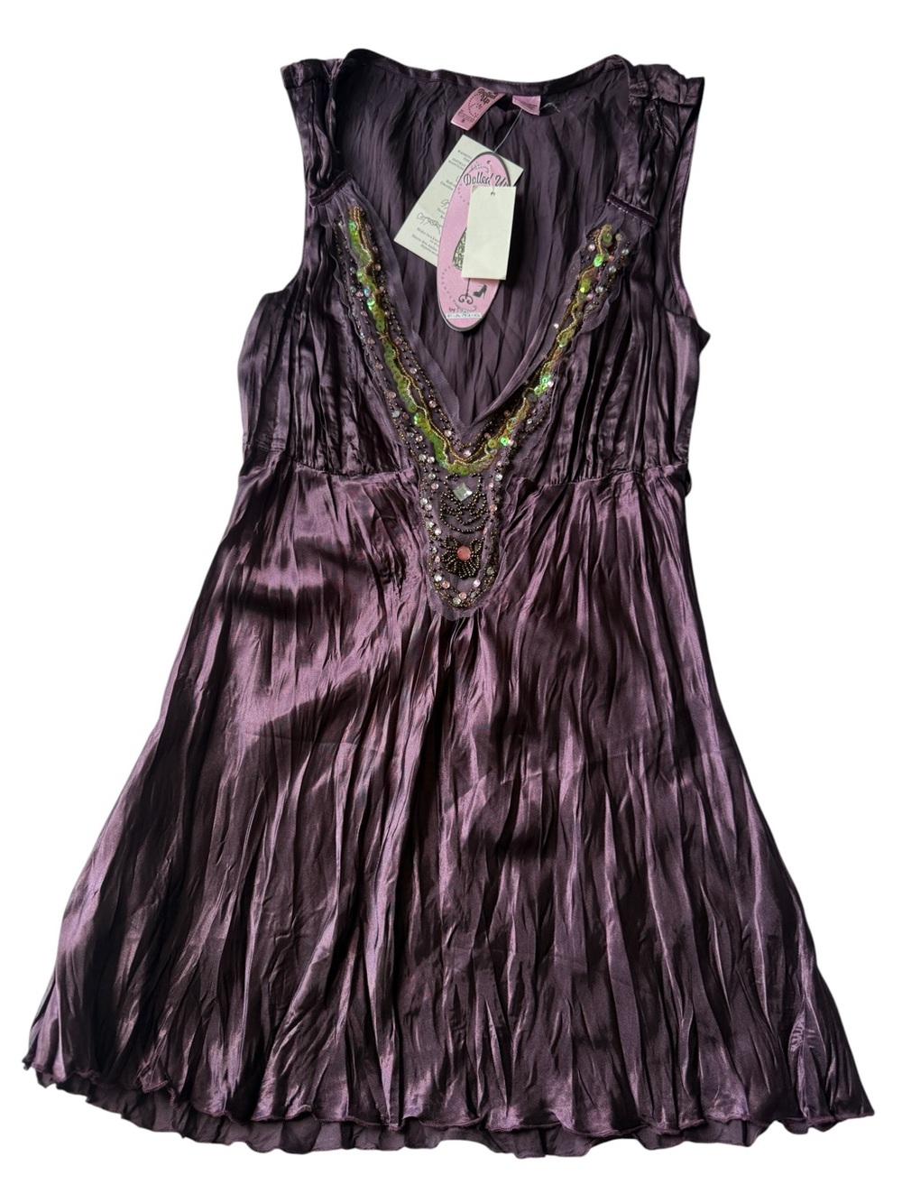 Dolled Up Purple‎ Crinkle Satin Beaded Tunic Top Sleeveless Party Y2K Size S